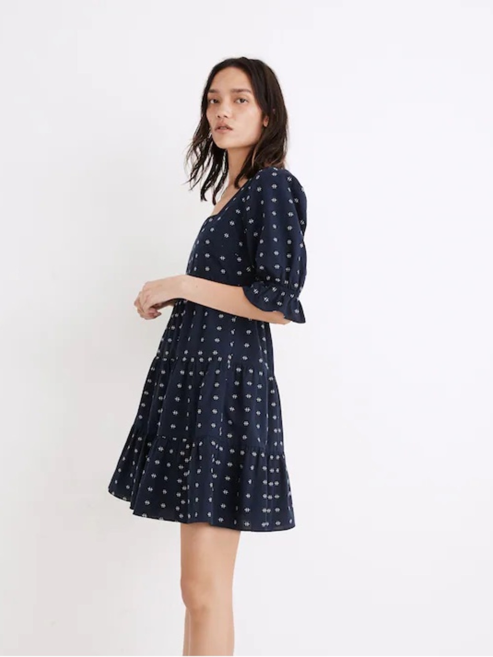 Madewell Tiered Babydoll Dress Square Neck Puff Sleeve Textured Mini Navy Size 8 - Picture 4 of 11